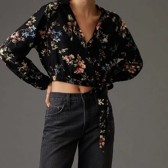 Anthropologie Pilcro Cropped Waist-Tie Blouse L - Picture 5 of 12
